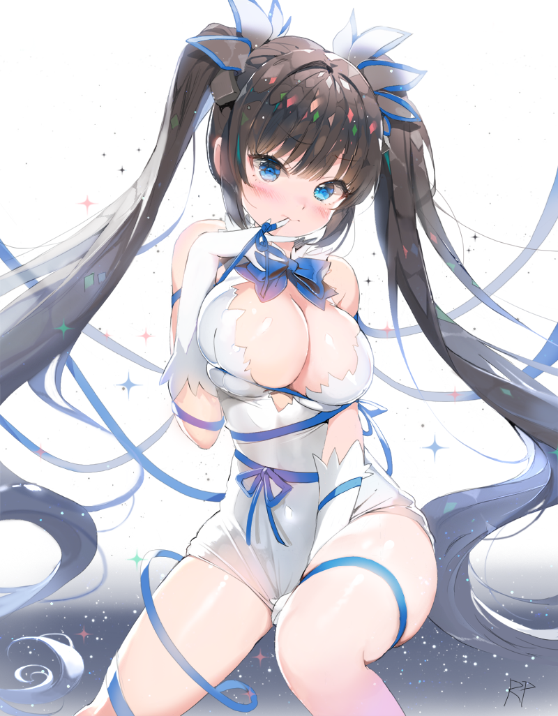 1girl black_hair blue_eyes blush bow breasts cleavage covered_navel dress dress_tug dungeon_ni_deai_wo_motomeru_no_wa_machigatteiru_darou_ka hestia_(danmachi) large_breasts long_hair rei_no_himo repi987 revision ribbon signature solo thighs twintails