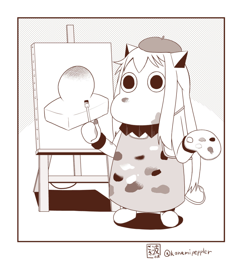 (o)_(o) apron artist_name beret canvas_(object) easel food hat horns kantai_collection long_hair mittens mochi monochrome moomin moomintroll muppo northern_ocean_hime paint_on_face paintbrush palette sazanami_konami shinkaisei-kan solo standing twitter_username wagashi white_background