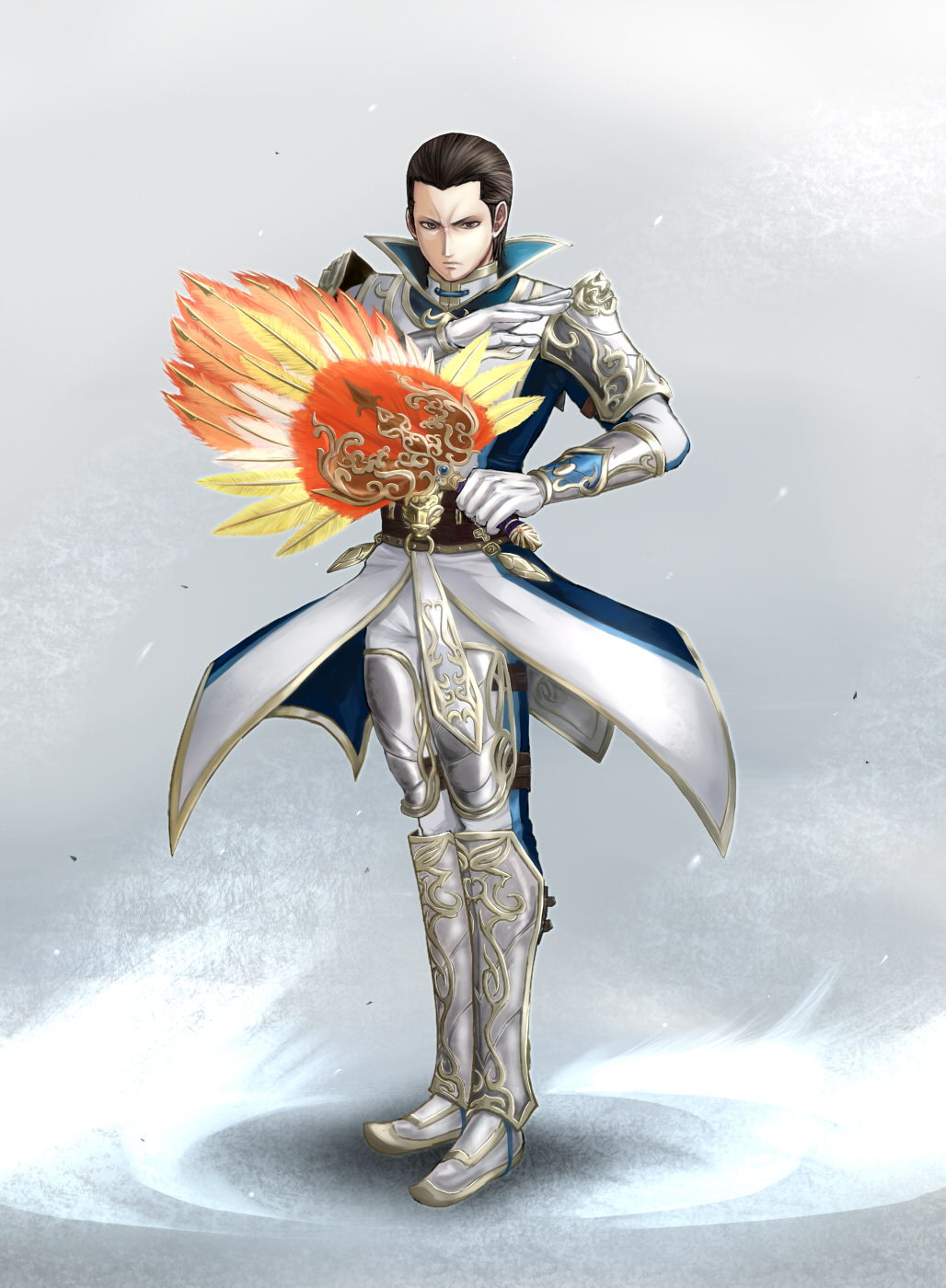 1boy armor black_hair brown_eyes feather_fan full_body fuoore_(fore0042) gloves hair_slicked_back highres male_focus sangoku_musou shin_guards shoulder_armor solo vambraces white_gloves zhuge_dan