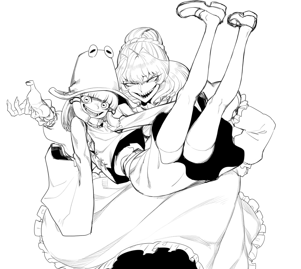 2girls fingernails frog_eyes grin hair_bun hat lineart loafers long_skirt looking_at_viewer moriya_suwako multiple_girls pyonta sharp_fingernails sharp_teeth shoes short_hair shorts_under_skirt sitting sitting_on_lap sitting_on_person skirt smile space_jin symbol-shaped_pupils touhou tsurime wide_sleeves yasaka_kanako