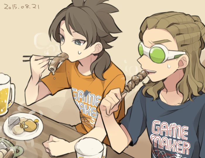 2boys alcohol beer brown_hair chopsticks dated eating food fudou_akio hairlocs inazuma_eleven_(series) inazuma_eleven_go kidou_yuuto long_hair male_focus multiple_boys older open_mouth saku_anna sitting skewer steam