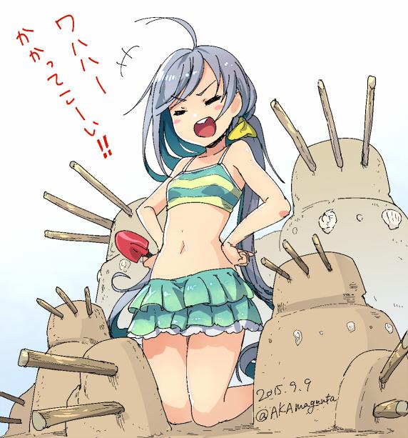 1girl ahoge akama_zenta closed_eyes grey_hair hair_ribbon hands_on_hips kantai_collection kiyoshimo_(kantai_collection) kneeling long_hair low_twintails open_mouth ribbon sand sand_sculpture skirt solo swimsuit translated twintails very_long_hair