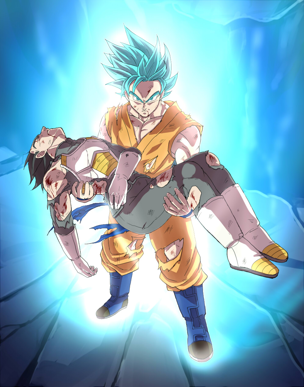 aura black_hair blood blood_from_mouth blue_eyes blue_hair boots bruise carrying closed_eyes dirty dragon_ball dragon_ball_z fuoore_(fore0042) gloves highres injury princess_carry son_gokuu super_saiyan super_saiyan_god_super_saiyan torn_clothes unconscious vegeta white_gloves wristband