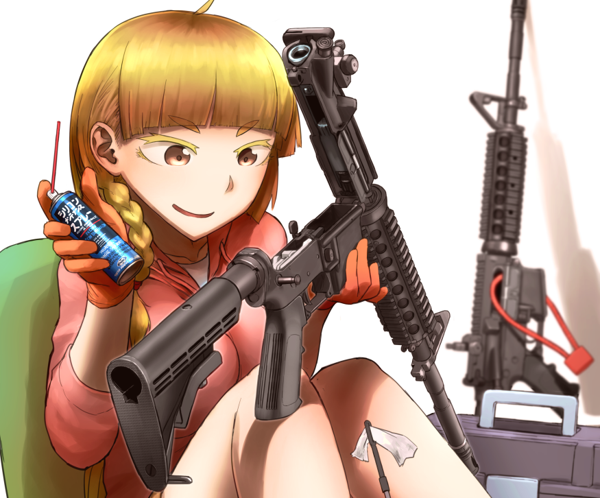 1girl assault_rifle blonde_hair braid brown_eyes cleaning didloaded gloves gun long_hair m4_carbine original rifle shadow simple_background sitting solo weapon white_background