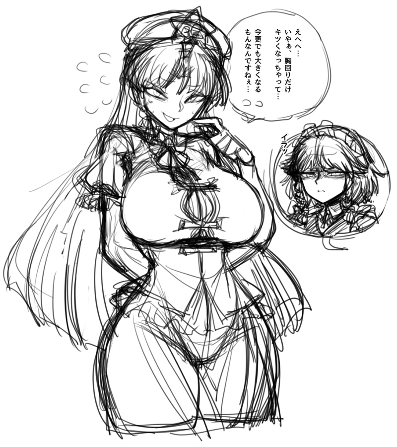 2girls arm_behind_back breasts bursting_breasts cleavage flying_sweatdrops hat hong_meiling huge_breasts izayoi_sakuya multiple_girls sketch solo_focus space_jin speech_bubble touhou translation_request tsurime violet_eyes
