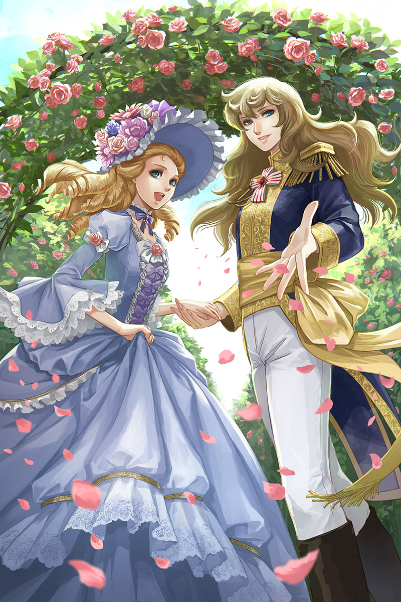 2girls blonde_hair blue_eyes boots bow choker crossdressinging dress drill_hair flower hat highres hinata_gureko holding_hands jewelry lace-trimmed_sleeves long_hair looking_at_viewer marie_antoinette_(versailles_no_bara) multiple_girls open_mouth oscar_francois_de_jarjayes outstretched_hand pants petals reverse_trap rose skirt_hold sky smile standing striped striped_bow versailles_no_bara wide_sleeves