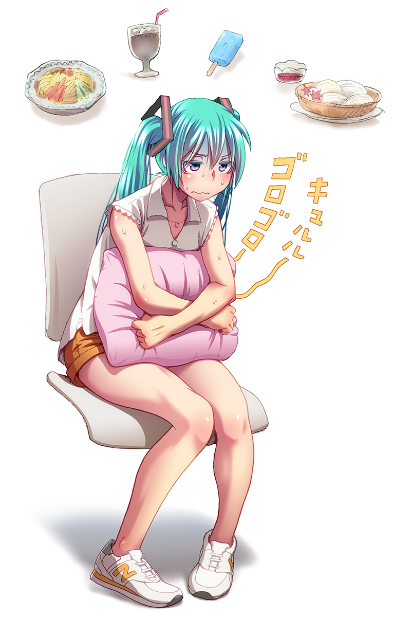 1girl aqua_hair blue_eyes blush chair food hatsune_miku highres hungry long_hair new_balance no_socks pigeon-toed pillow pillow_hug popsicle shaded_face simple_background sitting solo stomach_growling sweat twintails vocaloid wavy_mouth white_background wokada