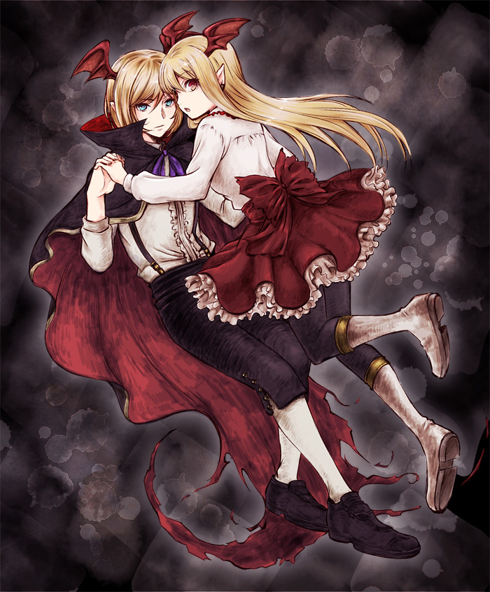 1boy 1girl :o bangs bat_wings black_background black_legwear black_pants black_shoes black_skirt blonde_hair blue_eyes boots cape earrings frilled_skirt frills gb_hm granblue_fantasy hair_between_eyes head_wings holding_hands interlocked_fingers jewelry long_hair long_sleeves open_mouth pants pantyhose pointy_ears popped_collar red_eyes shingeki_no_bahamut shirt shoes short_hair skirt suspenders torn_cape torn_clothes vampy weidt white_boots white_shirt wings