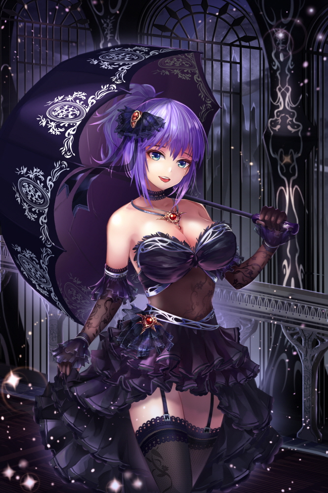 1girl architecture black_legwear blue_eyes breasts castle choker cleavage clouds frilled_skirt frills full_moon garter_straps gothic_architecture gothic_lolita head_tilt holding_umbrella indoors jewelry lace lace-trimmed_thighhighs lace_legwear light_particles lolita_fashion moon nell_p night night_sky open_mouth original ponytail purple_hair short_hair silhouette skirt sky solo sparkle tagme teeth thigh-highs umbrella