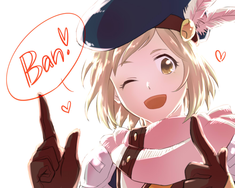 1girl ;d beret blonde_hair brown_gloves chigusa_yachiyo feathers gita_(granblue_fantasy) gloves granblue_fantasy hat hat_feather hawkeye_(granblue_fantasy) heart one_eye_closed open_mouth romaji scarf short_hair simple_background smile solo speech_bubble upper_body white_background white_scarf yellow_eyes