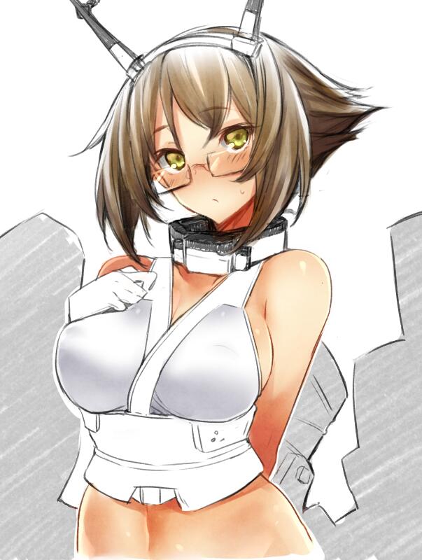1girl bare_shoulders bespectacled blush breasts brown_hair glasses gloves hairband headgear inayama kantai_collection large_breasts looking_at_viewer midriff mutsu_(kantai_collection) navel short_hair solo upper_body white_gloves yellow_eyes