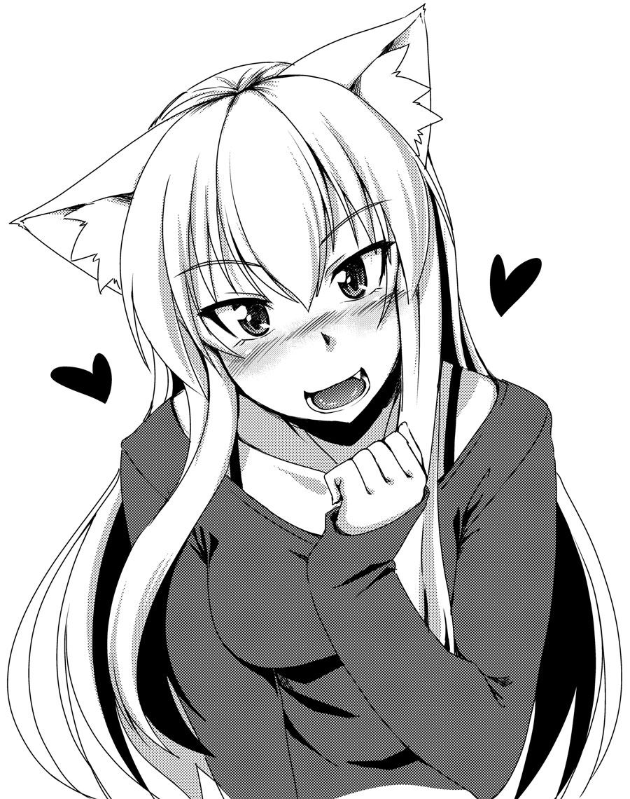 1girl animal_ears blush cat_ears heart long_hair looking_at_viewer monochrome nokoppa open_mouth original simple_background smile solo white_background