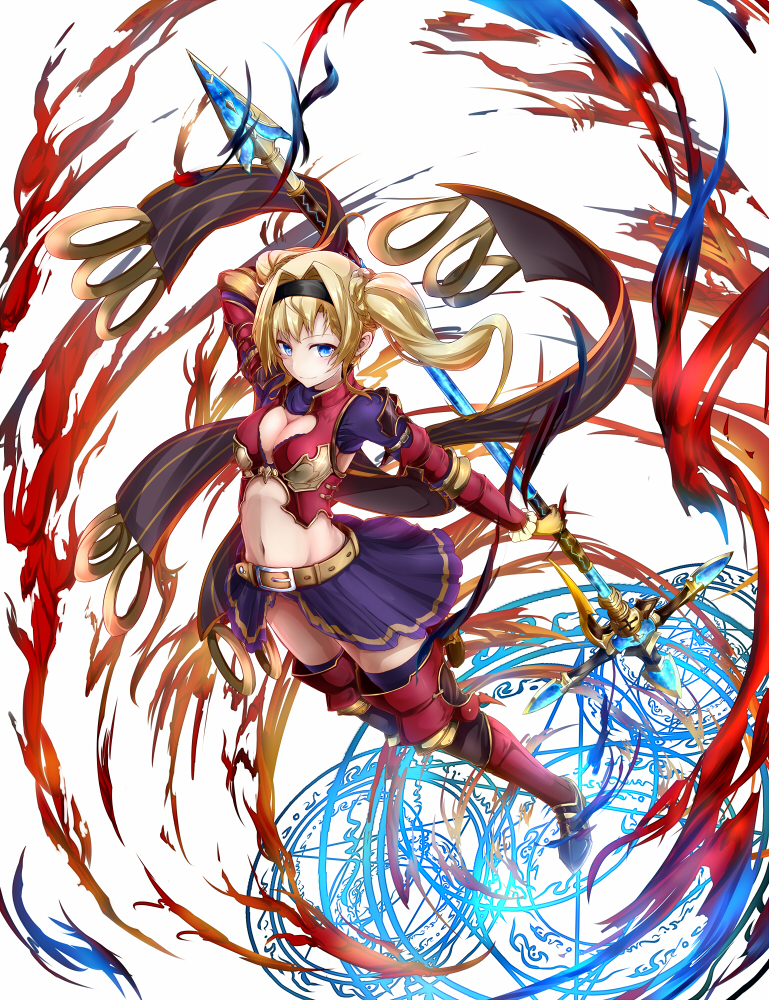 1girl armor arms_behind_back belt bikini_armor blonde_hair blue_eyes braid breasts cleavage cleavage_cutout fire gloves granblue_fantasy hair_intakes hairband holding holding_weapon long_hair magic_circle navel polearm red_armor showgirl_skirt simple_background solo spear standing twintails vellark weapon white_background yellow_gloves zeta_(granblue_fantasy)