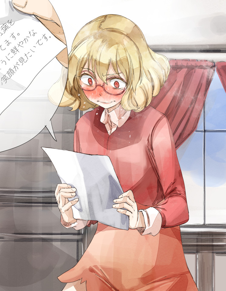 1girl aki_shizuha bespectacled blonde_hair blush commentary_request curtains dress full-face_blush glasses note red-framed_glasses red_dress red_eyes short_hair solo steam touhou translation_request window yohane