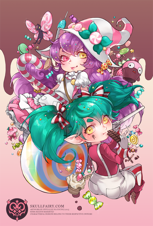 2015 2girls alternate_costume alternate_skin_color aqua_hair boots bow candy candy_cane chocolate chocolate_bar copyright cupcake english fairy food hair_bow hat heterochromia ice_cream ice_cream_sandwich league_of_legends lollipop long_hair looking_back lulu_(league_of_legends) macaron multiple_girls na_young_lee over_shoulder overalls pantyhose pink_background poppy purple_hair simple_background striped striped_legwear swirl_lollipop twintails vertical-striped_legwear vertical_stripes wafer_stick watermark web_address yellow_eyes
