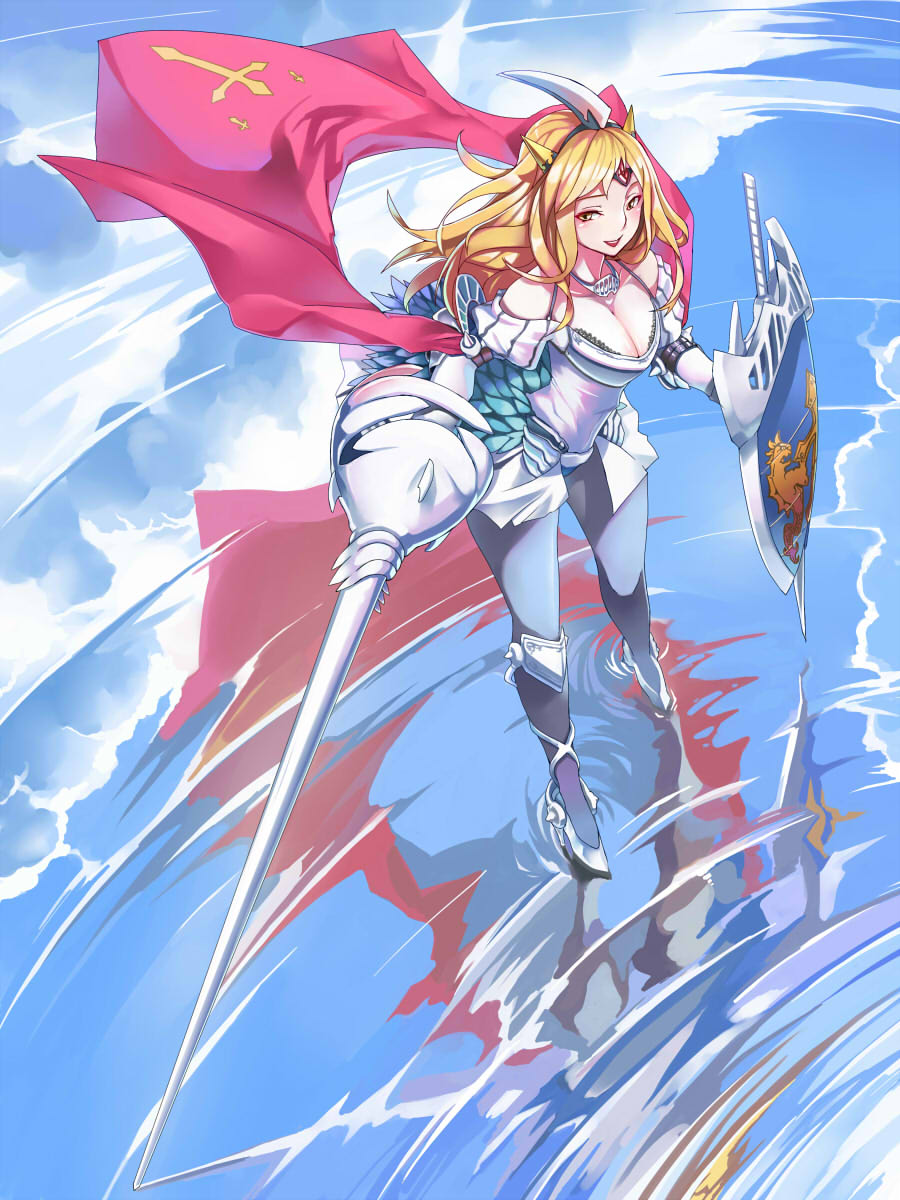 1girl armor blonde_hair breasts ceda_(dace) cleavage female gundam highres knight knight_gundam lance long_hair personification polearm sd_gundam shield smile solo standing standing_on_water water weapon yellow_eyes