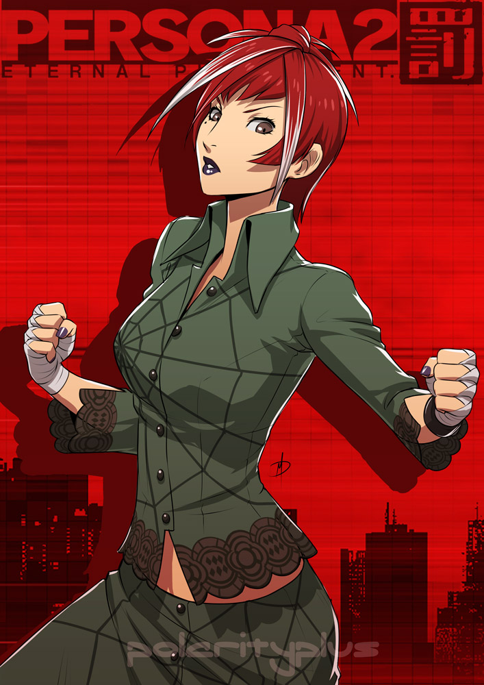 1girl breasts brown_eyes buttons clenched_hands copyright_name daniel_macgregor gradient_hair handwraps lips lipstick makeup multicolored_hair nail_polish persona persona_2 purple_lipstick purple_nails redhead serizawa_ulala short_hair solo spider_web_print white_hair