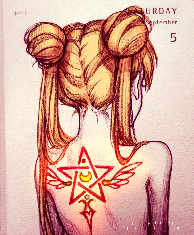 1girl bishoujo_senshi_sailor_moon blonde_hair double_bun from_behind hair_over_shoulder long_hair nude portrait qinni solo tattoo traditional_media tsukino_usagi twintails