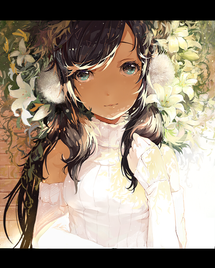 1girl black_hair blue_eyes closed_mouth flower hair_ornament kokage_no_shita letterboxed lily_(flower) long_hair looking_at_viewer original pom_pom_(clothes) smile solo white_flower