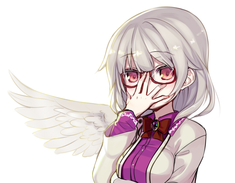 1girl bespectacled blush bow brooch glasses jewelry kishin_sagume long_sleeves looking_at_viewer minamura_haruki red-framed_glasses red_eyes semi-rimless_glasses short_hair silver_hair simple_background single_wing solo touhou under-rim_glasses upper_body white_background wings