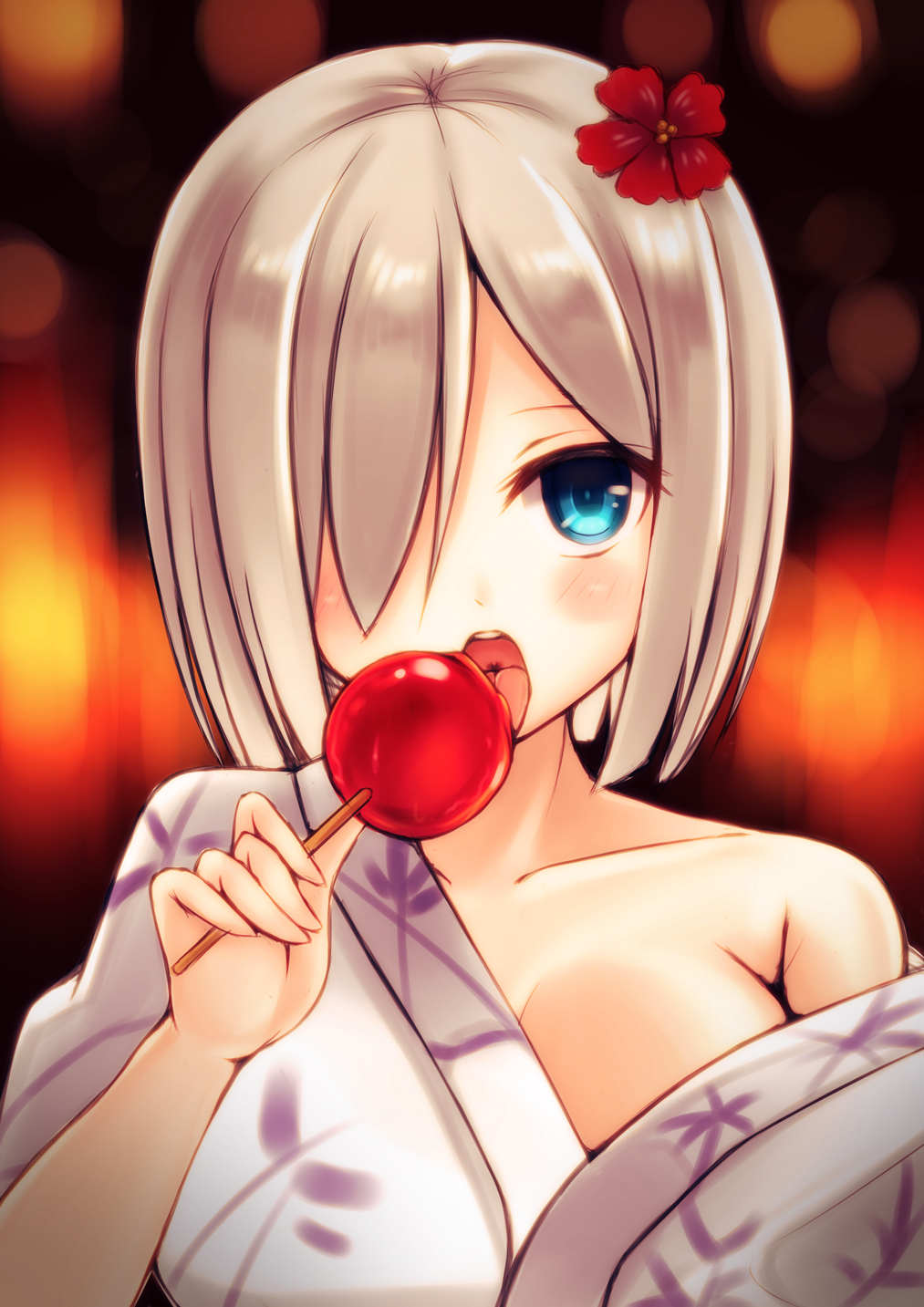 1girl bare_shoulders blue_eyes blush flower hair_flower hair_ornament hair_over_one_eye hamakaze_(kantai_collection) highres japanese_clothes kantai_collection kimono n@ss off_shoulder open_mouth short_hair silver_hair solo tagme tongue tongue_out