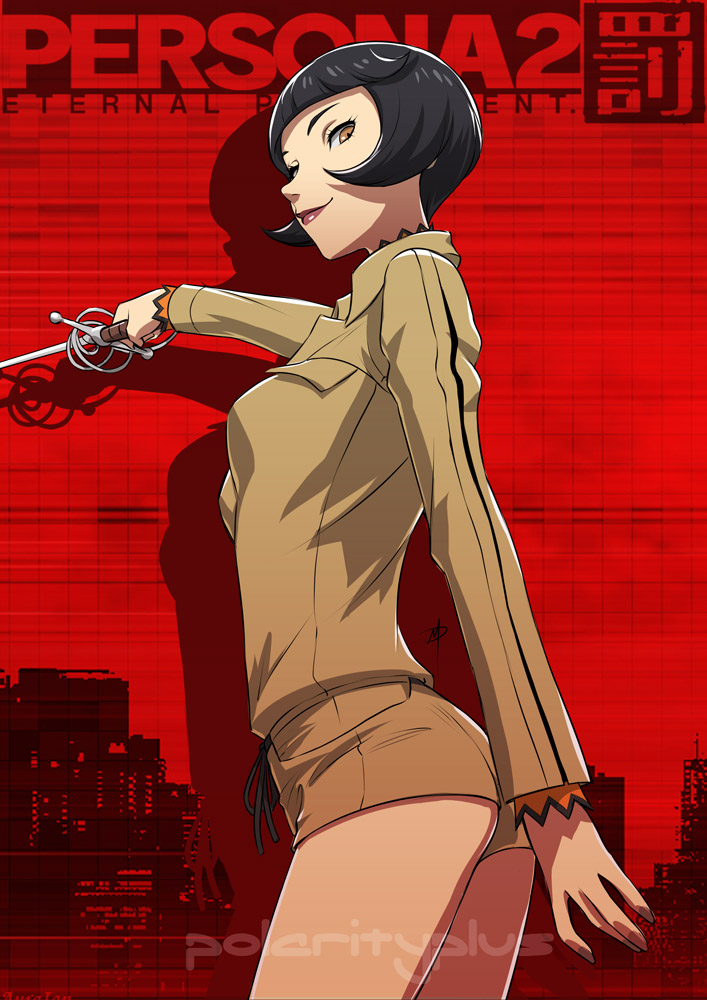 1girl ass black_hair bob_cut brown_eyes copyright_name daniel_macgregor from_side jacket kirishima_eriko lips lipstick makeup nose persona persona_2 rapier short_shorts shorts smile solo sword weapon