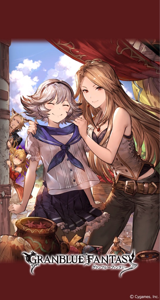 1boy 3girls ^_^ alternate_costume angry bangs bare_shoulders belt black_bow black_legwear blonde_hair blue_sky blush bow brown_eyes buttons closed_eyes clothes_in_front clouds copyright_name crack cygames farrah_(granblue_fantasy) flipped_hair flower granblue_fantasy hair_between_eyes hair_bow hairband holding_clothes jealous jewelry katarina_(granblue_fantasy) light_brown_hair long_hair minaba_hideo multiple_girls necklace official_art pants pantyhose peeking_out plant pleated_skirt ponytail pot potted_plant puffy_short_sleeves puffy_sleeves purple_skirt red_eyes rooain school_uniform serafuku short_hair short_sleeves silver_hair skirt sky smile vila watermark