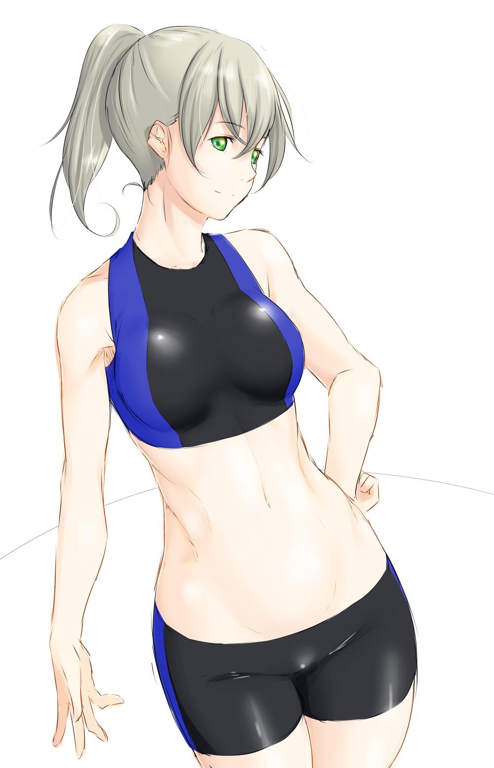 1girl bike_shorts blonde_hair breasts commentary_request crop_top green_eyes hand_on_hip highres looking_at_viewer midriff niwatazumi original ponytail smile