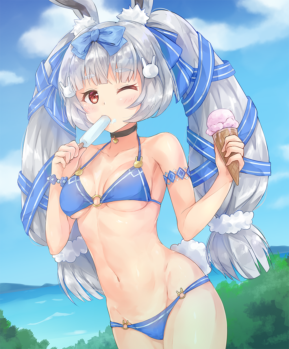 1girl animal_ears arm_strap bangs bare_shoulders bikini black_choker blue_bikini blue_bow blue_ribbon blue_sky blunt_bangs blush bow breasts bunny_hair_ornament bunny_tail chaou character_request choker clouds collarbone commentary_request cowboy_shot day eating eyebrows_visible_through_hair food food_on_face groin hair_bow hair_ornament hair_ribbon hair_scrunchie heart heart_choker highres holding holding_food ice_cream ice_cream_cone long_hair looking_at_viewer mountain navel o-ring o-ring_bikini o-ring_bottom o-ring_top ocean one_eye_closed outdoors popsicle rabbit_ears red_eyes ribbon scrunchie shiny shiny_hair shiny_skin sidelocks silver_hair sky small_breasts solo standing stomach swimsuit tail thick_eyebrows tree twintails waffle_cone white_scrunchie