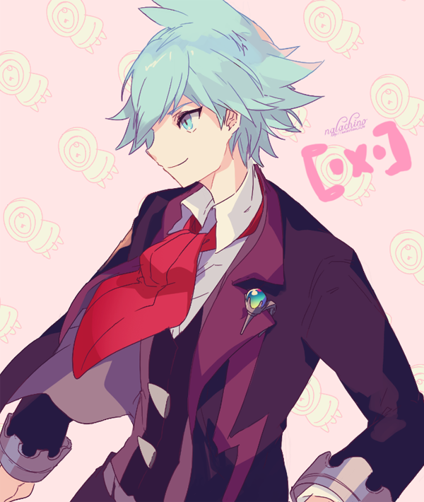 1boy aqua_eyes aqua_hair beldum brooch cravat jewelry looking_to_the_side male_focus pink_background pokemon pokemon_(creature) pokemon_(game) pokemon_oras profile smile solo tsuwabuki_daigo welchino