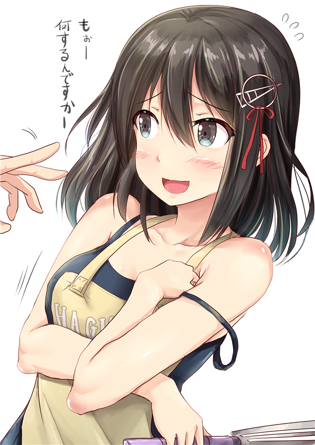 1girl :d apron black_hair blue_eyes blush feesu_(rinc7600) haguro_(kantai_collection) hair_ornament kantai_collection one-piece_swimsuit open_mouth short_hair simple_background smile solo_focus swimsuit swimsuit_under_clothes translated white_background
