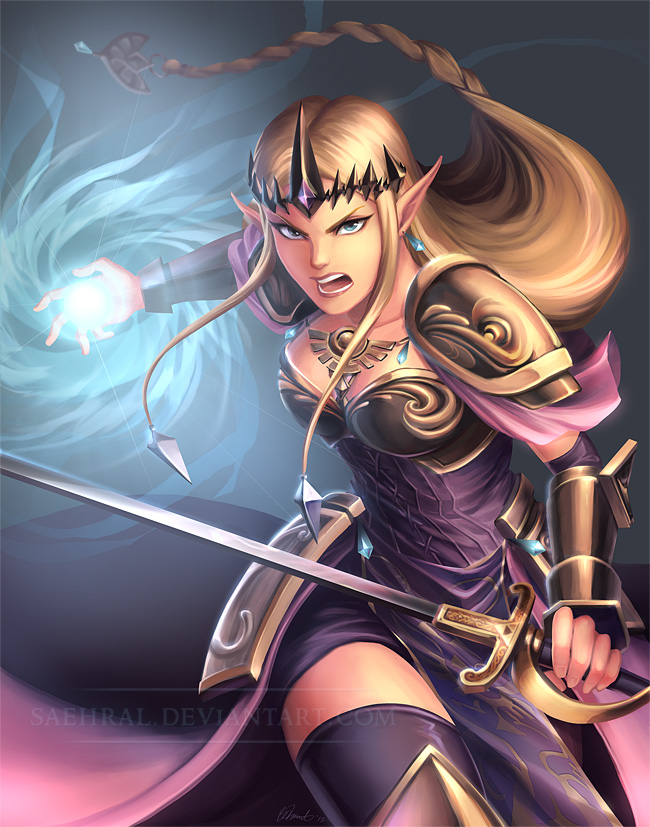 1girl armor blonde_hair blue_eyes braid brittany_fuerst circlet earrings energy_ball jewelry long_hair multiple_tails open_mouth pointy_ears princess_zelda shoulder_armor signature solo sword tail the_legend_of_zelda vambraces very_long_hair watermark weapon web_address zelda_musou