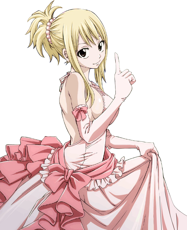 1girl black_eyes blonde_hair breasts dress elbow_gloves fairy_tail gloves hair_ornament index_finger_raised looking_at_viewer lucy_heartfilia pink_dress sideboob smile solo transparent_background