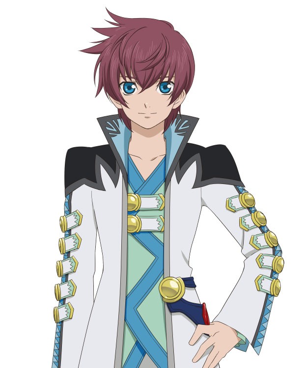 1boy artist_request asbel_lhant blue_eyes brown_hair coat cowboy_shot hand_on_hip male_focus official_art shirt smile solo tales_of_(series) tales_of_graces white_background