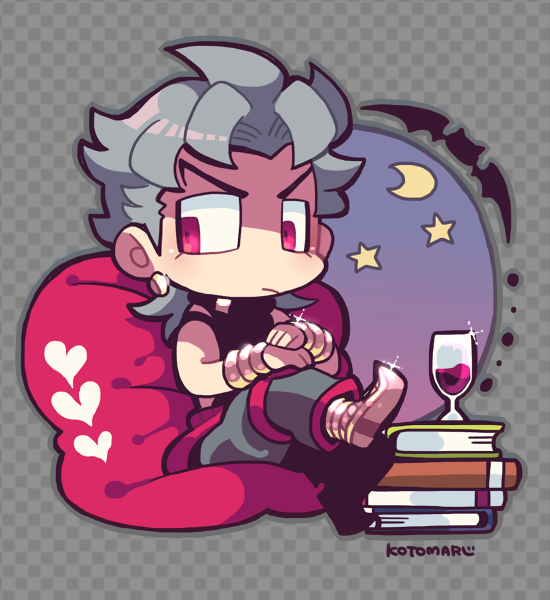 alcohol artist_name bat bean_bag_chair book_stack checkered checkered_background crescent_moon cup dio_brando earrings grey_hair heart jewelry jojo_no_kimyou_na_bouken kotorai moon pointy_shoes shoes signature sparkle violet_eyes wine wine_glass wrist_cuffs