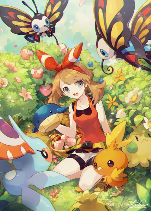 1girl basket beautifly berries bike_shorts blue_eyes brown_hair bush flower hair_ribbon haruka_(pokemon) haruka_(pokemon)_(remake) kneeling masquerain pecha_berry petals pokemon pokemon_(creature) pokemon_(game) pokemon_oras ribbon shroomish solo torchic watering_can welchino