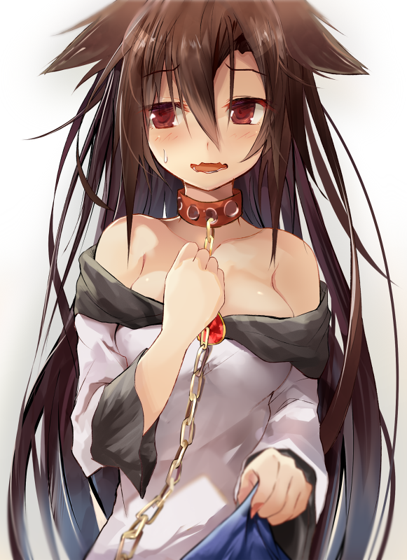 1girl animal_ears bare_shoulders blush breasts brooch brown_eyes brown_hair collar commentary_request efe hand_on_own_chest imaizumi_kagerou jewelry large_breasts leash long_hair long_sleeves looking_away off_shoulder open_mouth pov shirt shirt_tug skirt solo touhou very_long_hair wavy_mouth werewolf wide_sleeves wolf_ears