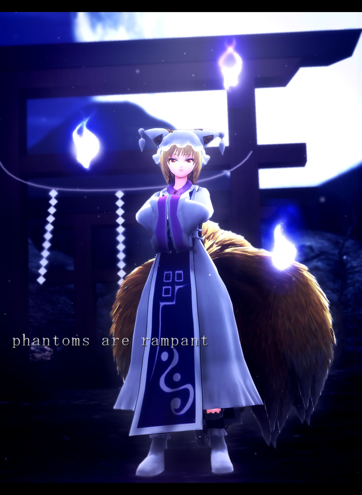 1girl 3d backlighting blonde_hair boots dress english fox_tail full_moon hands_together hat highres hitodama letterboxed looking_at_viewer mikumikudance moon moonlight multiple_tails multiple_torii night night_sky oyasiro35 red_eyes rope shimenawa short_hair silhouette sky solo tabard tail torii touhou tree white_boots white_dress white_footwear yakumo_ran