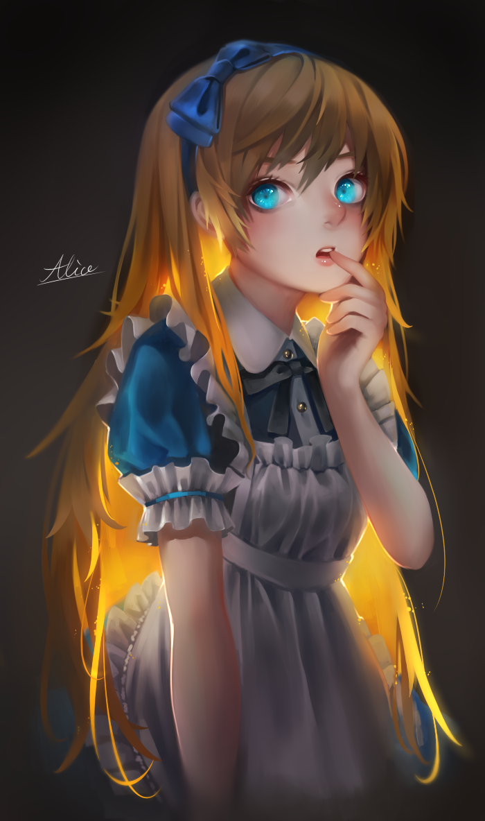 1girl alice_(wonderland) alice_in_wonderland blonde_hair blue_eyes bow character_name dress finger_to_mouth glowing glowing_hair hairband hakura_kusa long_hair open_mouth pink_lips solo