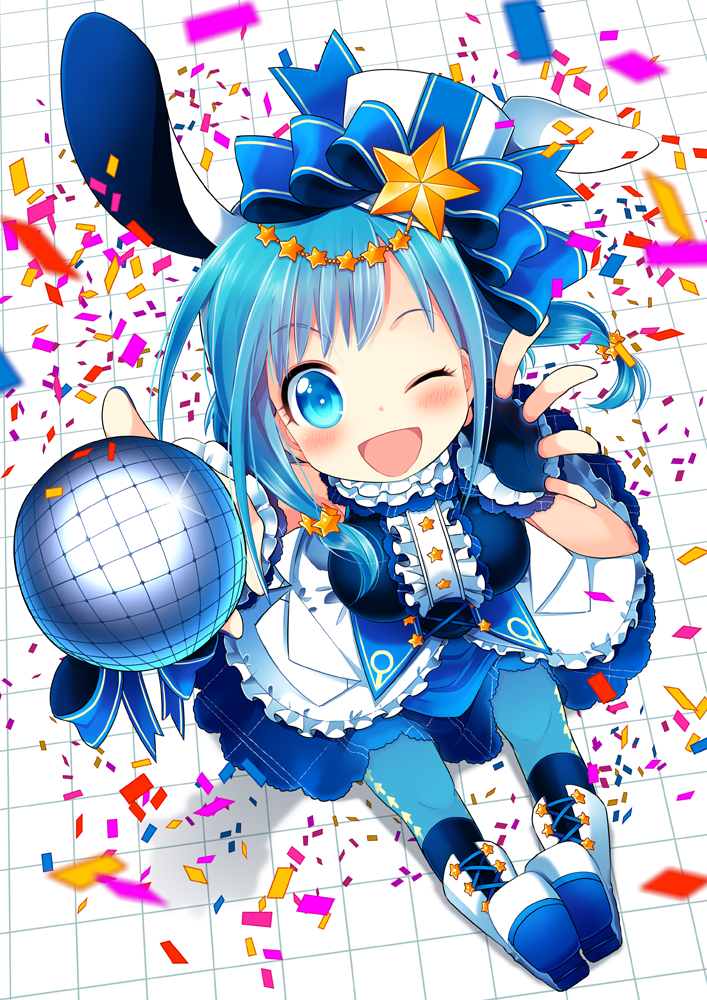 ;) animal_ears blue_eyes blue_hair blue_legwear blush breasts confetti foreshortening from_above hat looking_at_viewer microphone mini_hat nigo one_eye_closed outstretched_arms pantyhose personification pixiv pixiv-tan rabbit_ears smile socks_over_pantyhose solo star