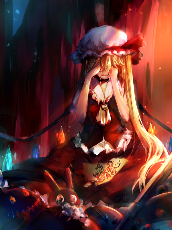 1girl ascot blonde_hair bow child_drawing chong_(wjzcy6688) covering_eyes crying curtains dark flandre_scarlet frilled_collar hair_over_eyes hat hat_bow indoors light light_particles long_hair long_skirt mob_cap red_skirt red_vest short_sleeves side_ponytail sitting sketch skirt solo streaming_tears stuffed_animal stuffed_bunny stuffed_toy tears touhou very_long_hair wings