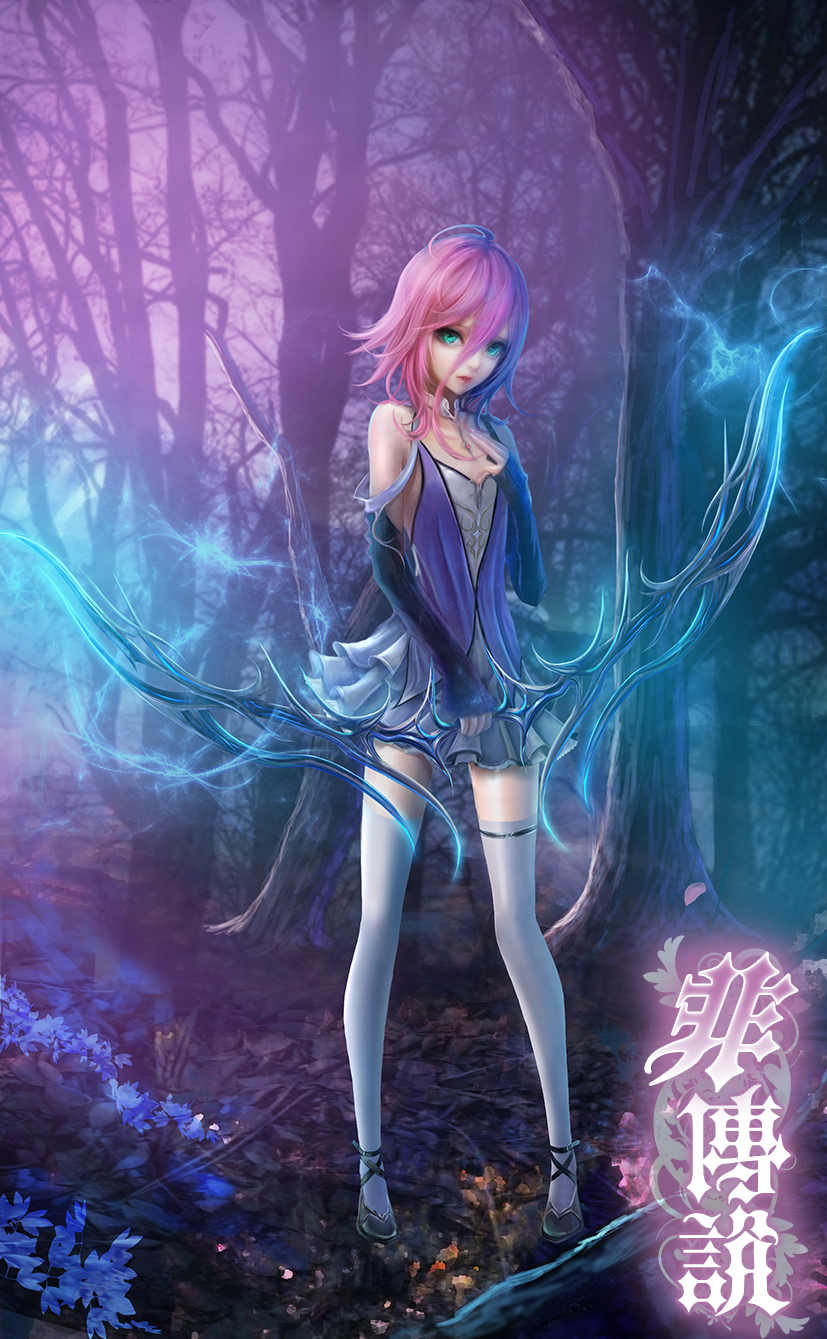 1girl ahoge blue_eyes bow_(weapon) detached_sleeves dress flower forest fufu full_body hair_between_eyes highres holding_weapon looking_at_viewer mythology nature pink_hair pink_lips short_hair solo text thigh-highs weapon white_legwear zettai_ryouiki