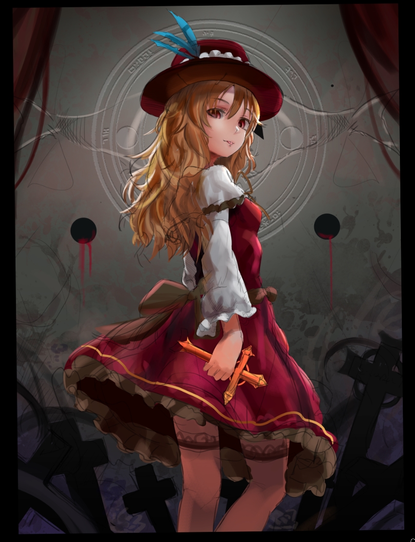 1girl blonde_hair border colored cross dai55593 dolls_in_pseudo_paradise dress extra hat long_hair long_sleeves looking_at_viewer looking_back red_dress red_eyes ribbon sash sketch smile solo thigh-highs tongue tongue_out touhou