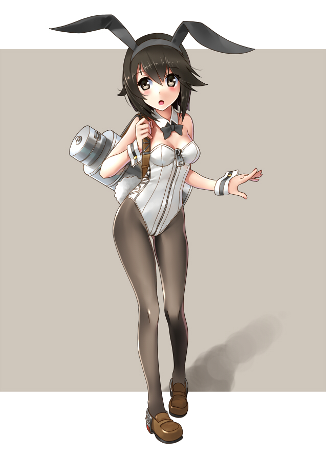 1girl adapted_costume animal_ears bare_shoulders black_eyes black_hair black_legwear blush bowtie breasts bunny_girl bunnysuit cleavage detached_collar hayasui_(kantai_collection) kantai_collection katahira_masashi loafers open_mouth pantyhose rabbit_ears shoes short_hair solo tail wrist_cuffs zipper
