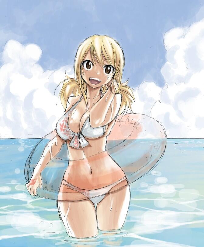 1girl bikini blonde_hair breasts brown_eyes cleavage fairy_tail front-tie_bikini front-tie_top innertube large_breasts long_hair lucy_heartfilia mashima_hiro navel ocean official_art smile solo swimsuit tattoo water
