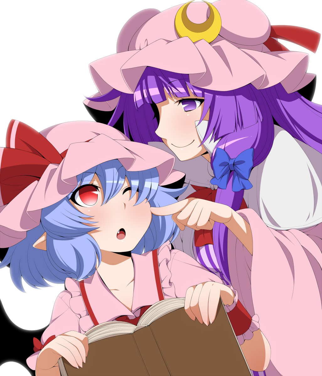 2girls bat_wings blue_hair blush capelet cheek_poking coat crescent dress eichi_yuu fang hair_ribbon hat hat_ribbon highres mob_cap multiple_girls one_eye_closed open_clothes open_coat open_mouth patchouli_knowledge pink_dress pointy_ears poking puffy_short_sleeves puffy_sleeves purple_hair red_eyes remilia_scarlet ribbon short_sleeves smile striped striped_dress touhou tress_ribbon violet_eyes white_background wings wrist_cuffs