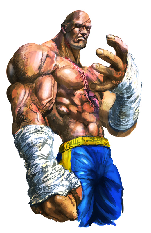 1boy abs bald clenched_hand eyepatch handwraps muscle no_pupils sagat scar shirtless shopyun solo street_fighter