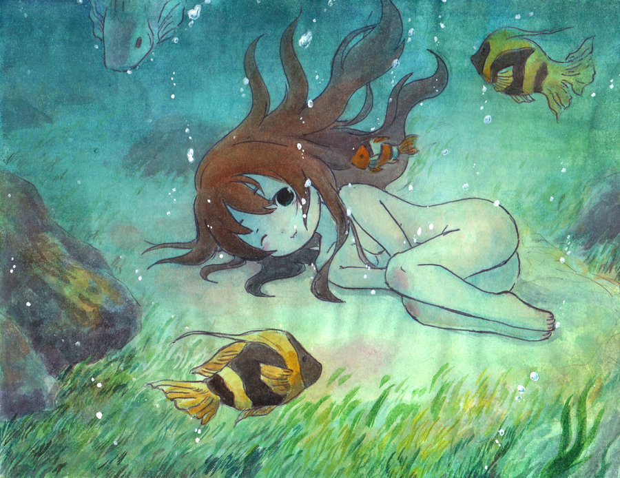 1girl air_bubble barefoot breath brown_hair bubble covering covering_crotch curled_up fish grass holding_breath long_hair nude one_eye_closed original seaweed underwater water