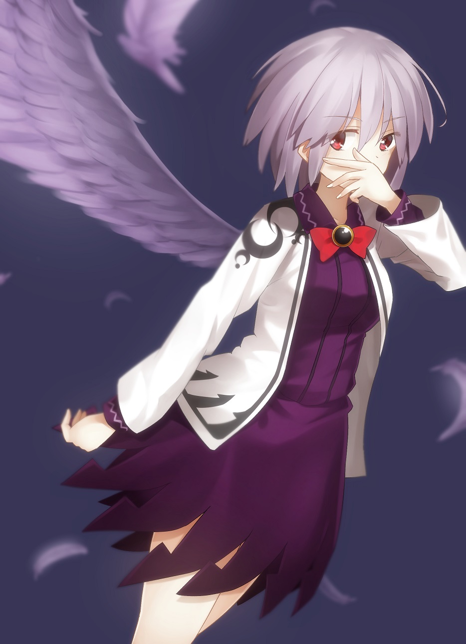 1girl angel_wings bow brooch dress feathers highres jacket jewelry kishin_sagume looking_at_viewer minamina open_clothes open_jacket purple_dress red_eyes silver_hair single_wing solo touhou wings
