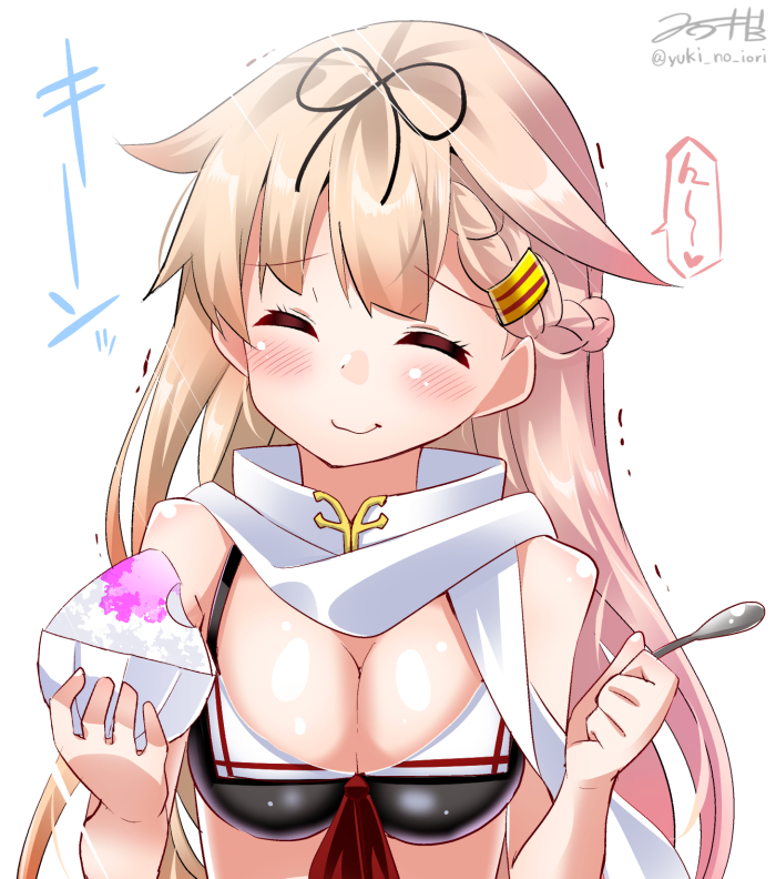 1girl bare_shoulders bikini blonde_hair braid brain_freeze breasts cleavage closed_eyes facing_viewer hair_flaps hair_ornament hair_ribbon hairclip kantai_collection ribbon scarf shaved_ice signature smile solo spoon swimsuit twitter_username upper_body yuki_no_iori yuudachi_(kantai_collection)
